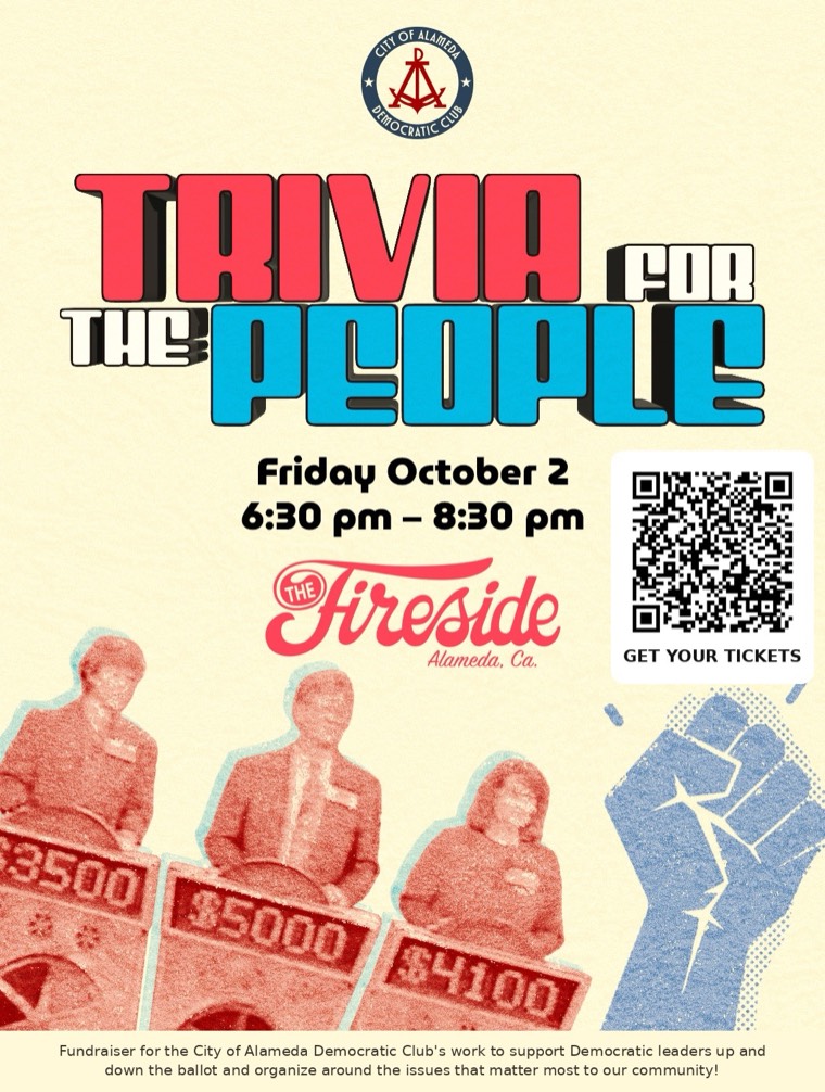 Trivia for the People flyer from the City of Alameda Democratic Club: Friday, October 2, 6:30 to 8:30 PM at The Fireside in Alameda.